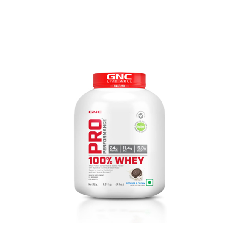 GNC Pro Performance 100% Whey Protein Powder Cookies & Cream 1.81kg front view